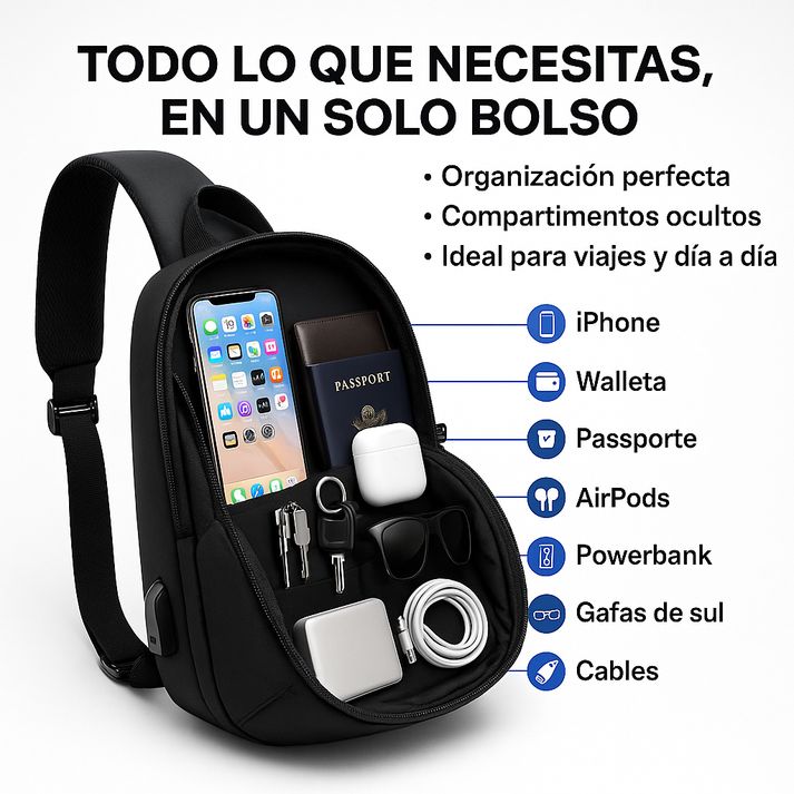 Bolso cruzado antirrobo negro - 70% SOLO HOY ¡APROVECHA AHORA!